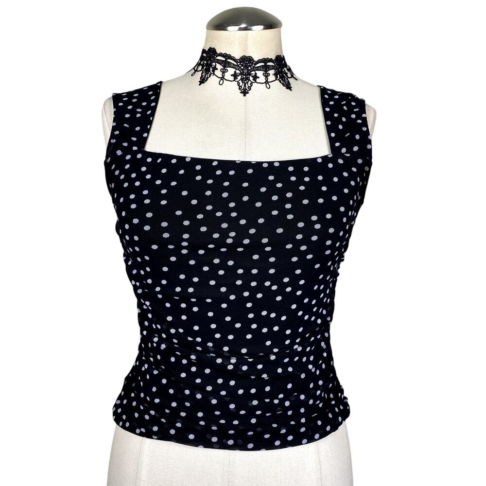 Envie Black Polka Dot Grunge Ruched Square Neck Office Siren Corp Goth Blouse S